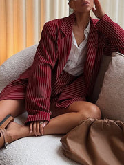 Fashion Loose Stripe Blazer Shorts Two Piece Sets