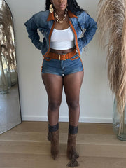 Retro Contrast Color Patchwork Denim Jacket Shorts Set