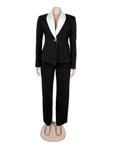 Fashion Color Block Lapel Slim Blazer Suit Pant Set