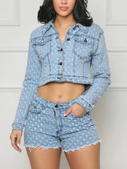 Denim Ripped Cropped Jacket and Shorts Casual Set