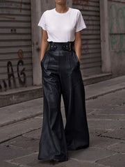 Casual PU Patchwork Loose High Waist Wide Leg Pants