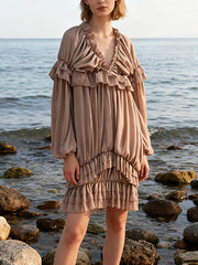 Elegant V Neck Long Sleeve Ruffles Loose Mini Dress