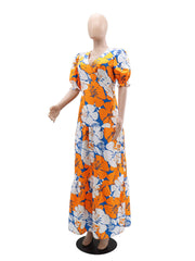 V Neck Print Bubble Sleeve Long Dress