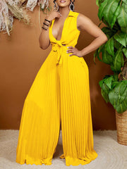 Turn-down Collar Lace-up Pleated Wide Leg Jumpsuit