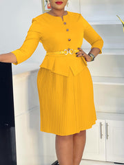 Elegant Belt Slim Pleated Midi Dress