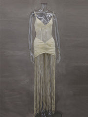 Sexy Hollow Out Tassel Hem Spaghetti Strap Maxi Dress