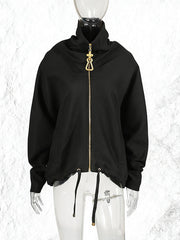 Fashion Patchwork Zipper Drawstring Jacket