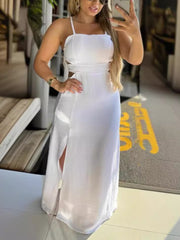 Solid Color Strap Backless Lace-Up Slit Maxi Dress