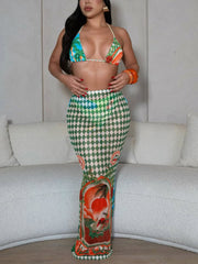 Sexy Print Beach Bikini Skirt Three Piece Set Cover up