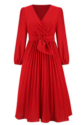 Casual Long Sleeve V-neck Slim Pleated Dress