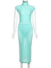 Striped High Collar Bodysuit Maxi Skirt Two Piece