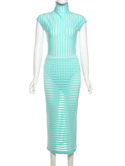 Striped High Collar Bodysuit Maxi Skirt Two Piece