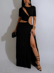 Sexy Hollow Waist Irregular High Slit Maxi Dress