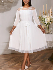 Elegant O Neck Sheer Mesh Ruffle Bandage Midi Dress