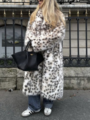 Elegant Leopard Print Faux Fur Long Coat