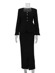 Fashion Square Neck Top High Waist Skirt Two Piece Set