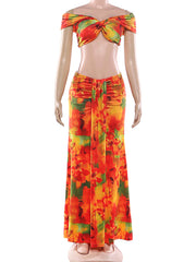 Sexy Off Shoulder Print Crop Top And Maxi Skirt Set