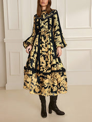 Elegant Turn-down Collar Print Lace-up Maxi Dress