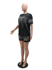 Casual Round Collar Rhinestone T shirt Shorts Set