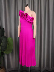 Elegant One Shoulder Ruffle Trim Slim Pleated Dress