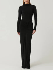 Elegant Long Sleeve Slim Draped Maxi Dress