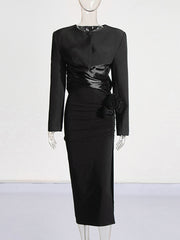 Elegant Round Neck Lace-up Top and Slit Skirt Set