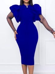 Elegant Mesh Patchwork Long Sleeve Bodycon Midi Dress