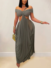 Sexy Strapless See-Through Ruched Mesh Maxi Dress