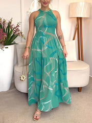 Elegant Print Halter Sleeveless Ruffle Hem Maxi Dress