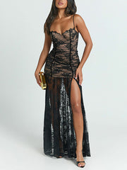 Sexy Spaghetti Strap Lace Slit Maxi Dress