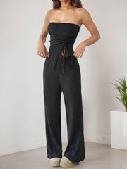 Ribbed Knit Asymmetric Strapless Top And Pants Set