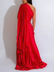 Sexy Single Shoulder Cinched Waist Pleated Maxi Dress