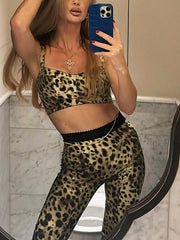 Leopard Print Bustier Capri Pants Casual Two Piece Set