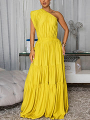 Single Shoulder Cinched Waist Tiered Maxi Dress