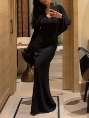 Elegant Flared Sleeve Backless Lace-Up Slim Maxi Dress