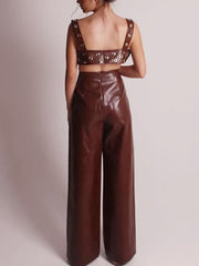Metal Ring Patchwork PU Crop Top Wide Leg Pants Set