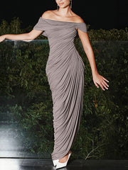 Fashion Off-Shoulder Irregular Pleated Maxi Dress