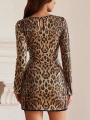 Leopard Print Sequin Long Sleeve Bodycon Mini Dress