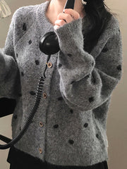 Fashion Round Neck Polka Dot Knit Cardigan Sweater