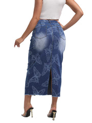 Fashion Butterfly Print Denim Long Skirt