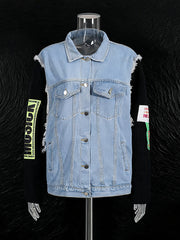 Knit Long Sleeve Patchwork Single-breasted Denim Jacket