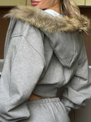 Fashion Faux Fur Zipper Up Cropped Hoodie