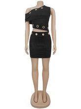 Sexy Oblique Collar Hollow Out Top Mini Skirt Set