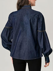 Fashion Bow Tie Neck Lantern Sleeve Denim Shirt