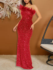Embellished Feather Trim Sequin One Shoulder Slim Dress