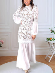 Fashion Lace Patchwork Lantern Sleeve Maxi Dress