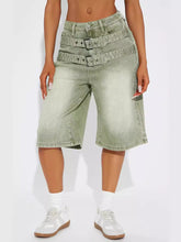 Water Washed Adjustable Buckle Denim Shorts