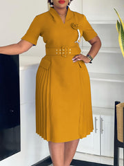 Elegant V-neck High Waist Pleated Dress