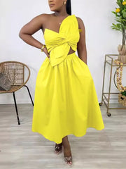 One Shoulder Flower Petal Cut Out Backless Midi Dress