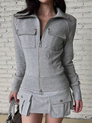 Casual Zipper Hoodie And Mini Skirt Two Piece Set
